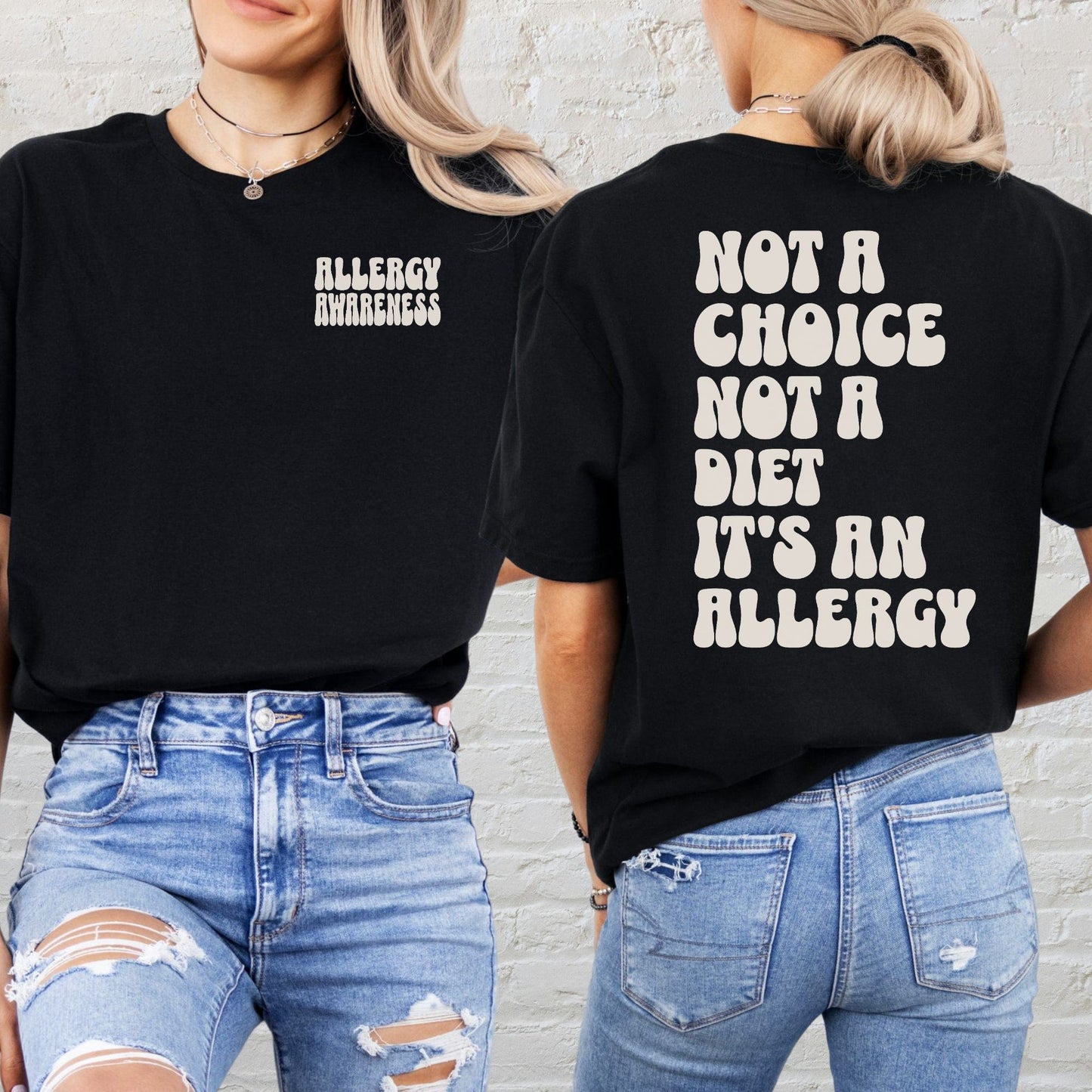 Allergy Awareness Shirt by Maddy and George Designs black tee with front logo and bold back message about allergies