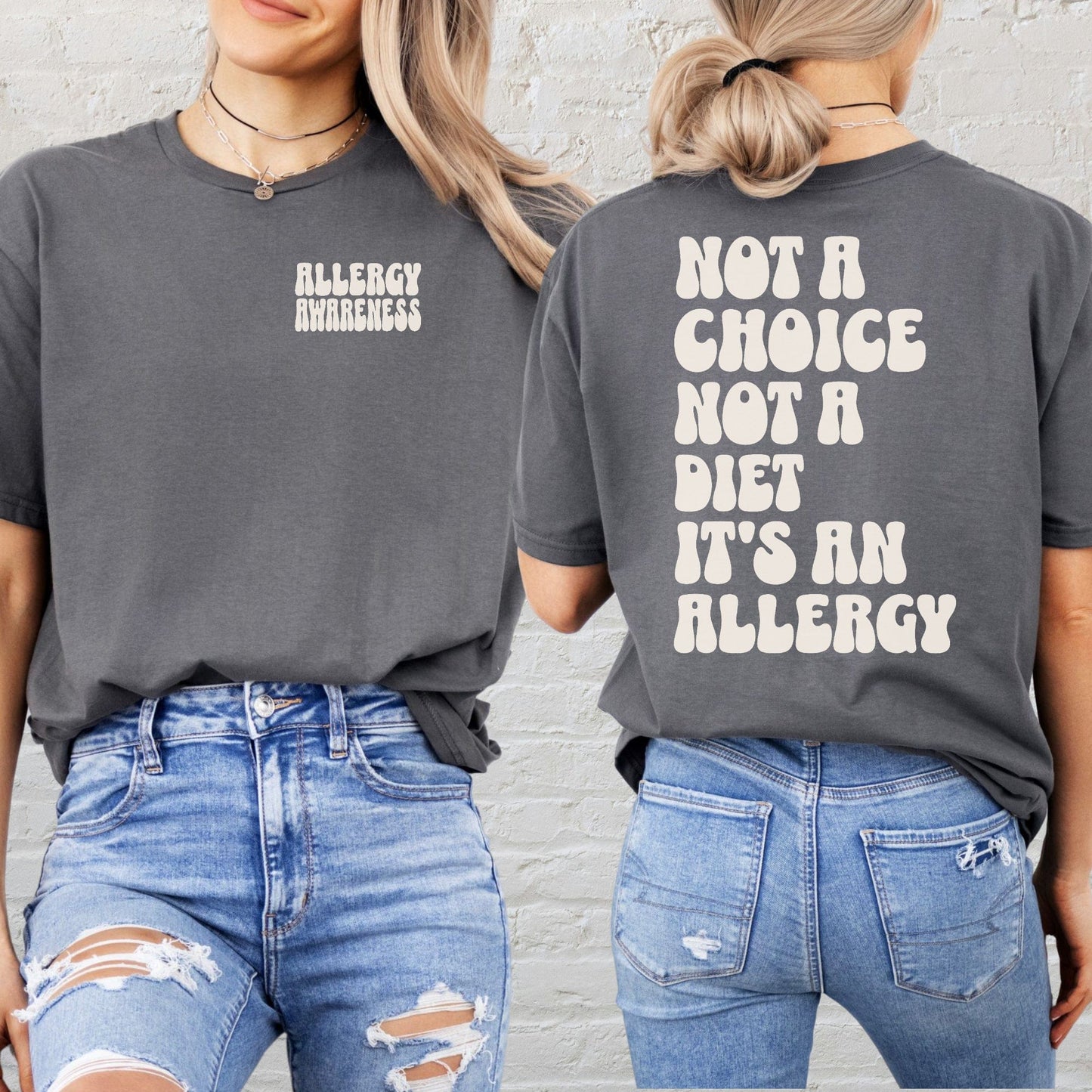 Allergy Awareness Shirt dark gray tee small front print and bold back slogan not a choice not a diet it s an allergy