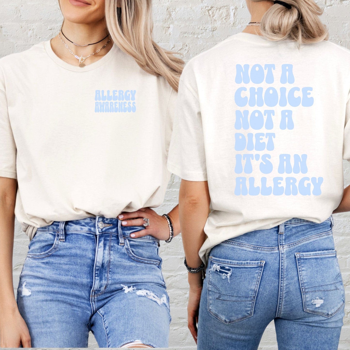 Allergy Awareness Shirt cream unisex tee front left chest logo and back text Not a choice Not a diet