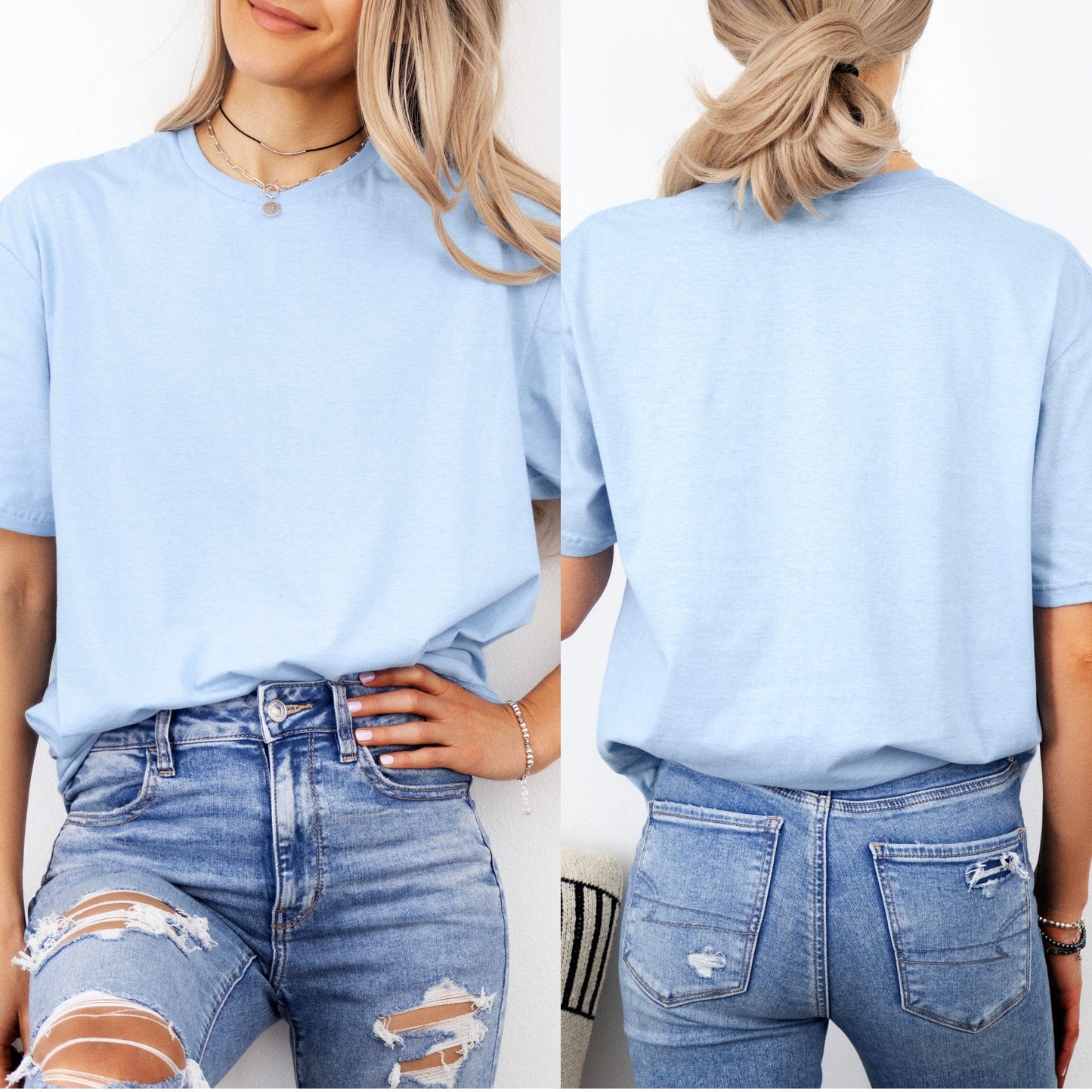Allergy Awareness Shirt light blue unisex tee front and back view on model with ripped jeans