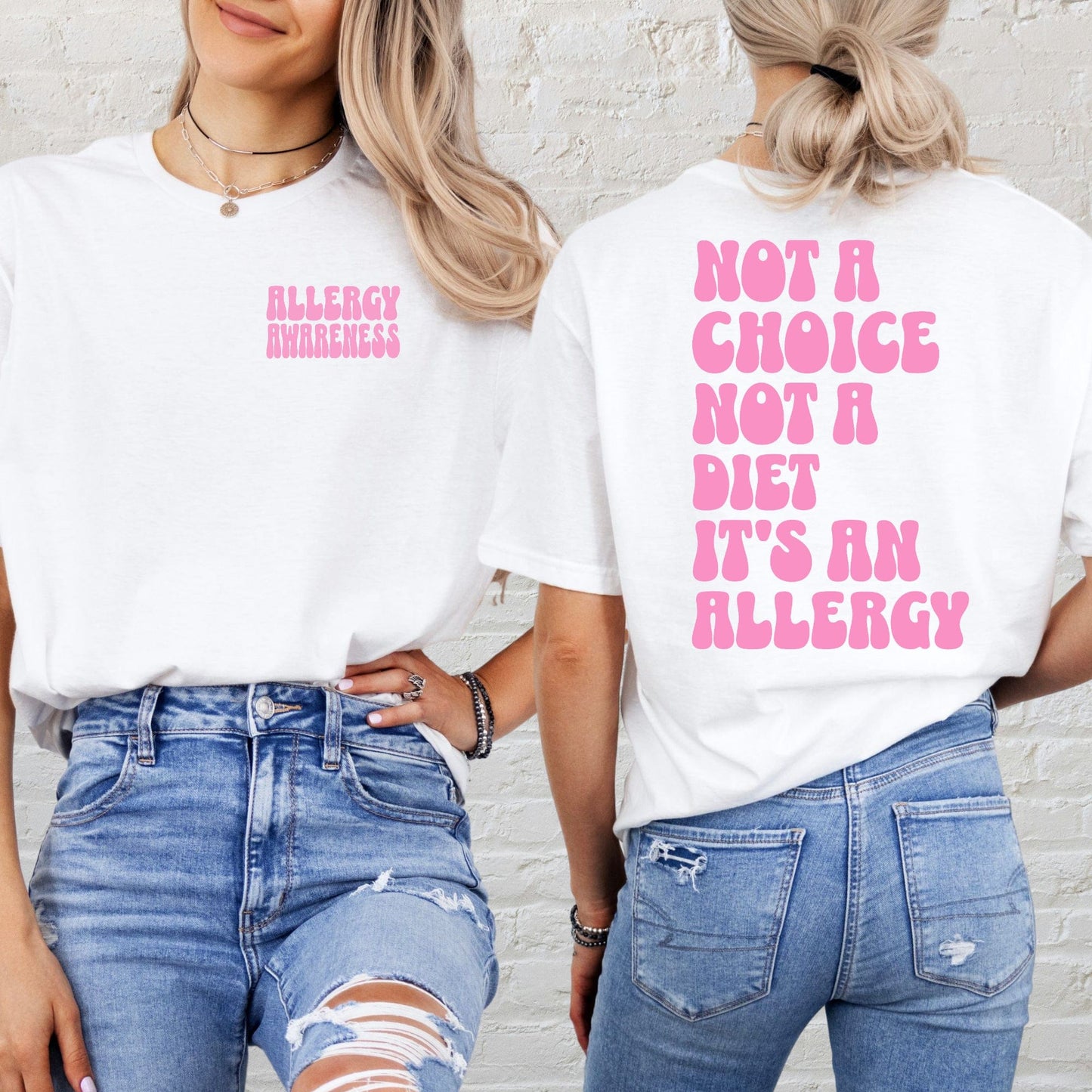 Allergy Awareness Shirt white tee with small pink chest logo and bold pink back text saying not a choice not a diet