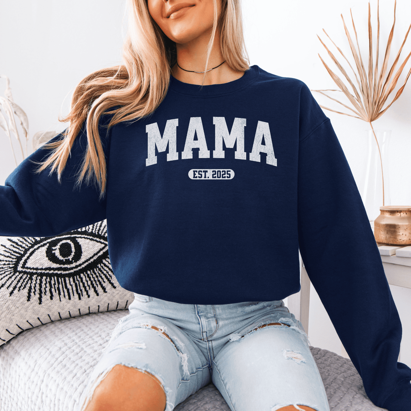 Custom Mama EST Year Sweatshirt navy cozy womens pullover with MAMA varsity print and EST 2025 detail