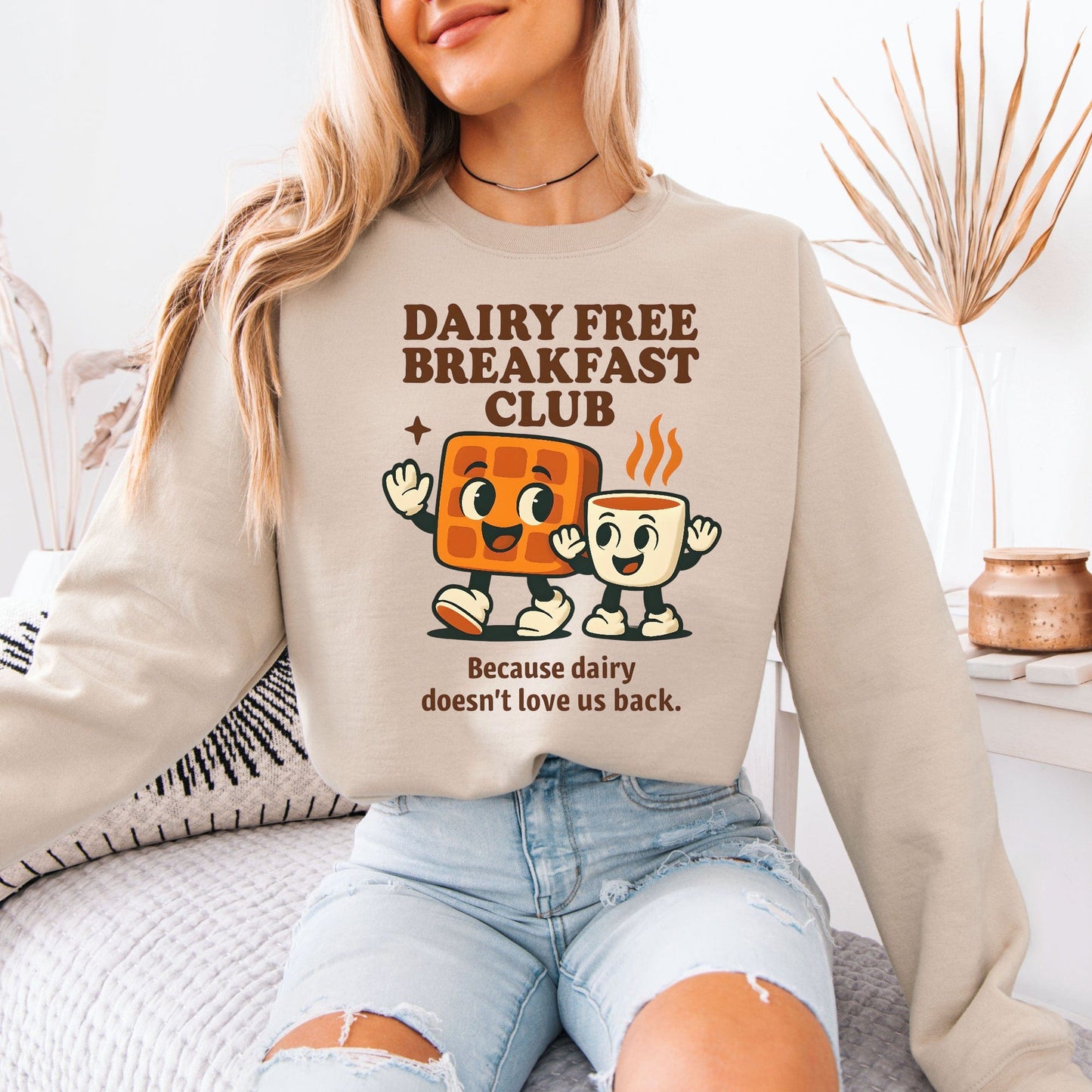 Dairy Allergy Sweatshirt by Maddy and George Designs beige sweatshirt with cute waffle and coffee print