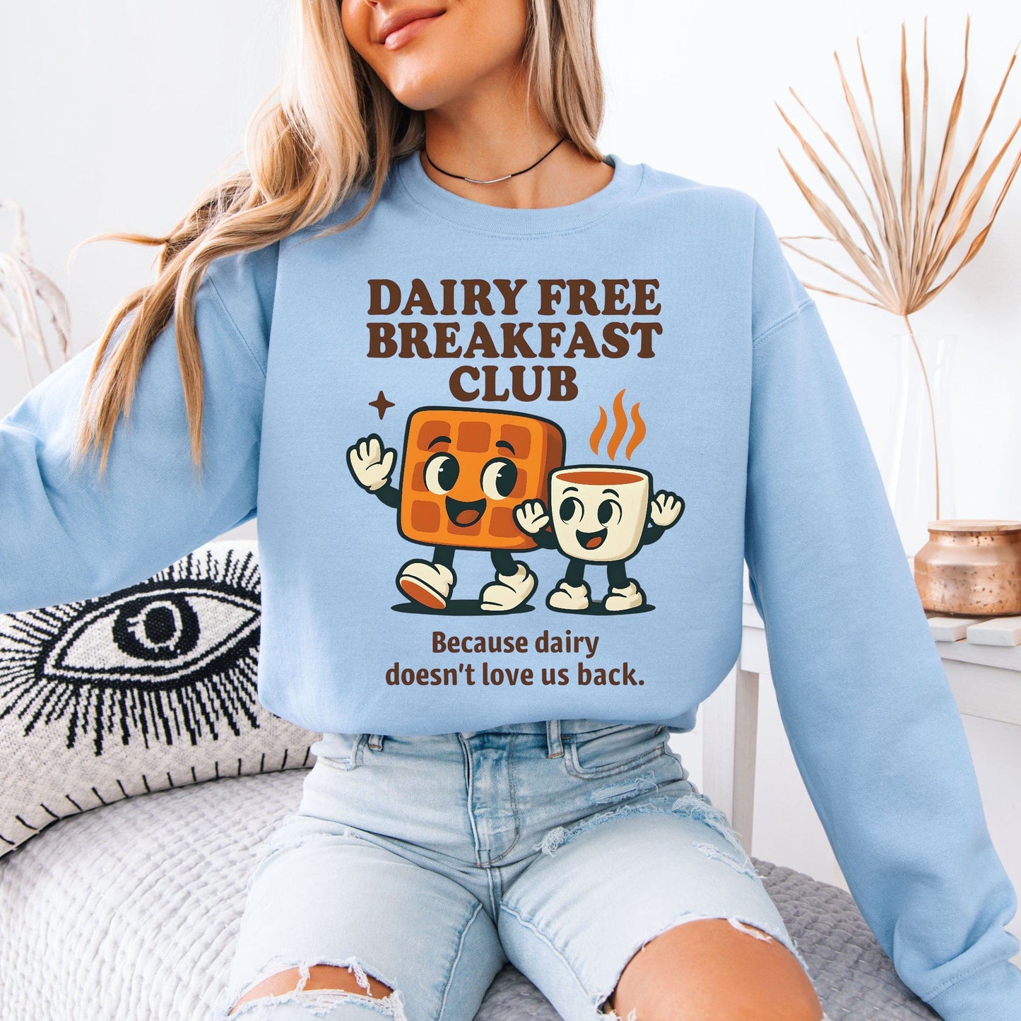 Dairy Allergy Sweatshirt light blue crewneck with cartoon waffle and coffee Dairy Free Breakfast Club print