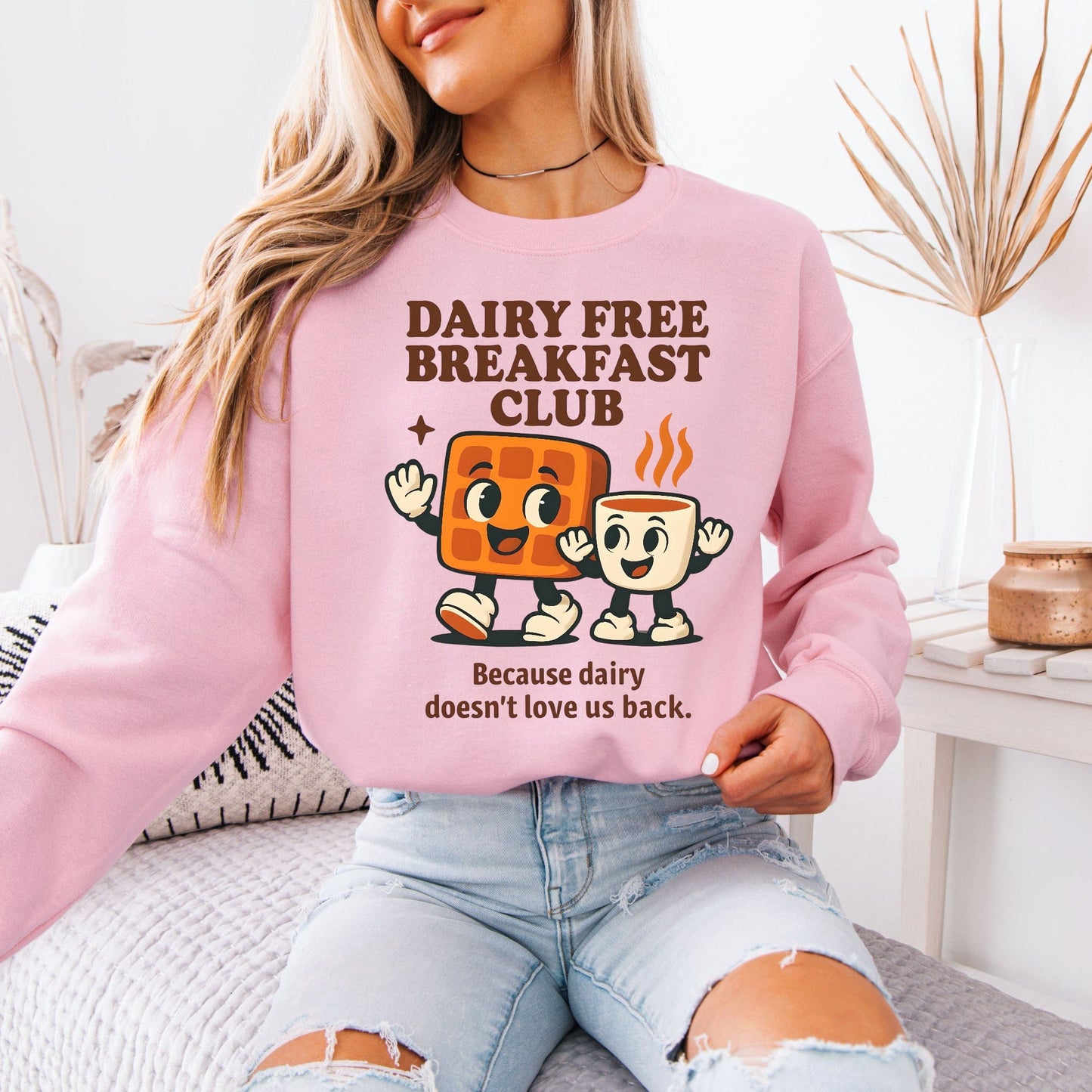 Dairy Allergy Sweatshirt pink crewneck with cartoon waffle and coffee and Dairy Free Breakfast Club text