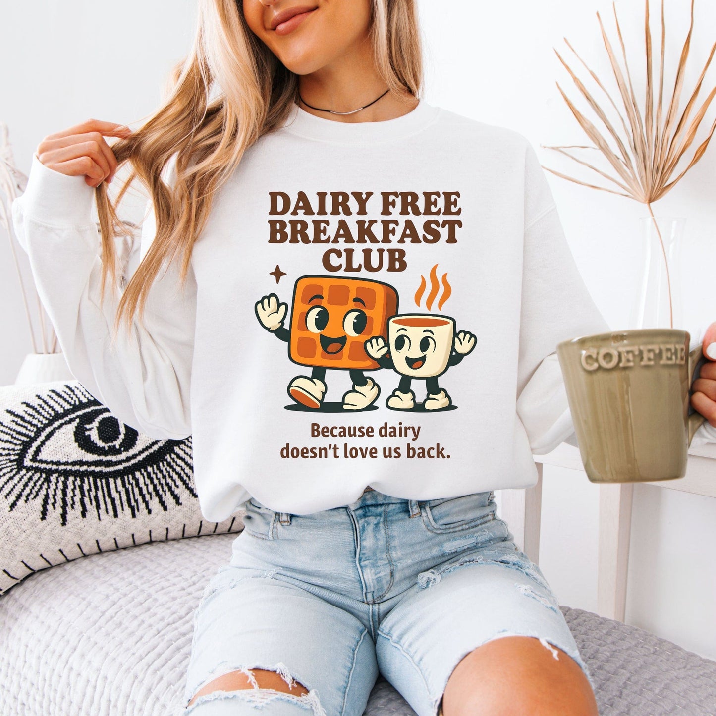 Maddy and George Designs Dairy Allergy Sweatshirt with Dairy Free Breakfast Club cartoon toast and coffee print