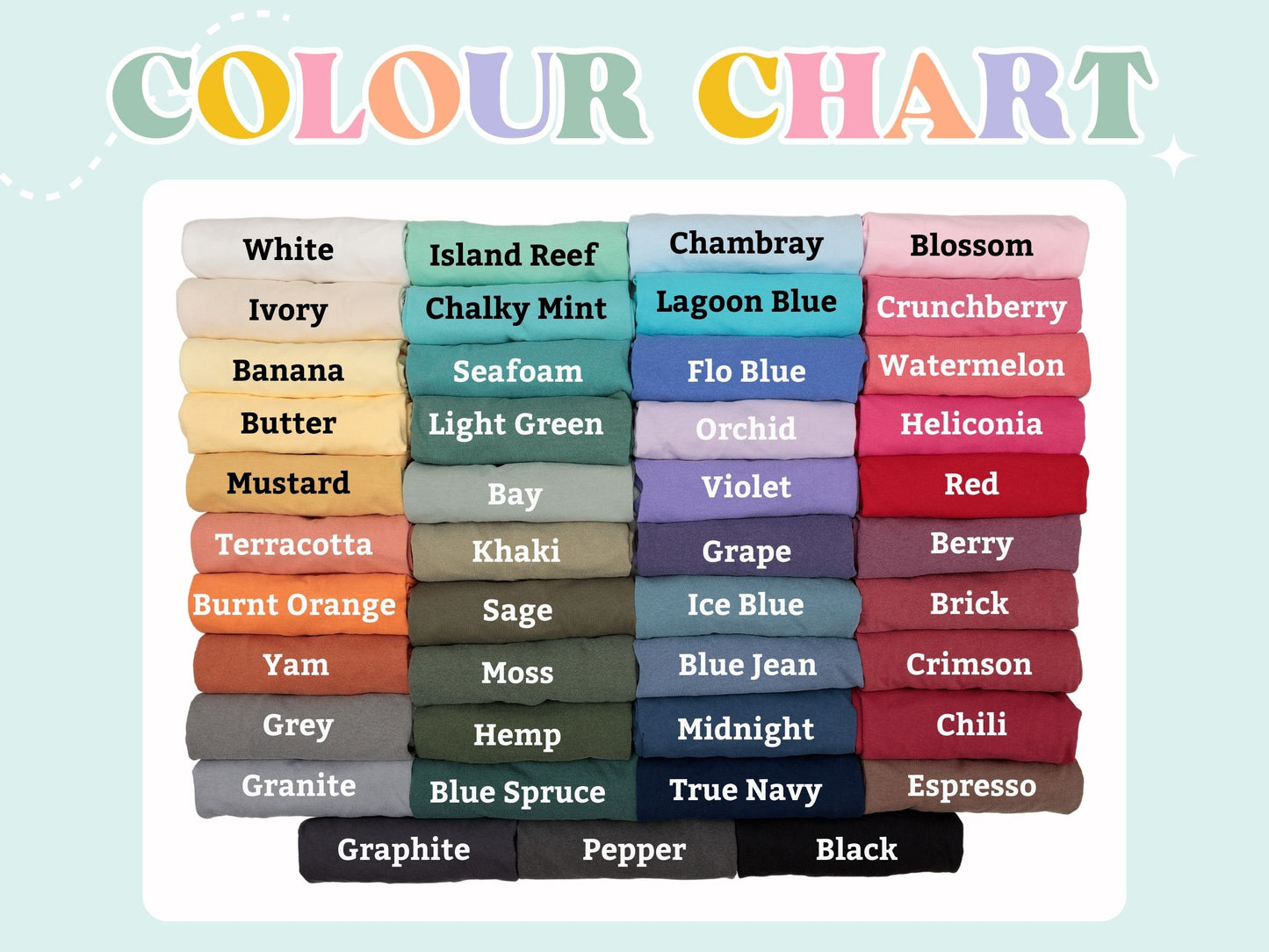 Preppy Merry Christmas Shirt color chart showing folded shirts labeled with multiple fabric color options for customization