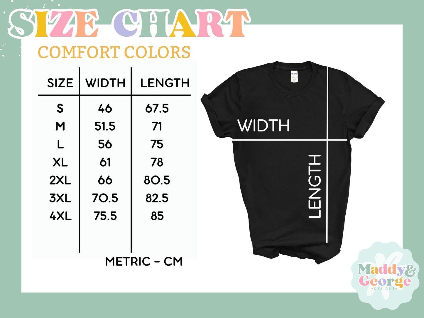 Preppy Merry Christmas Shirt Comfort Colors size chart with black tee showing width and length S to 4XL