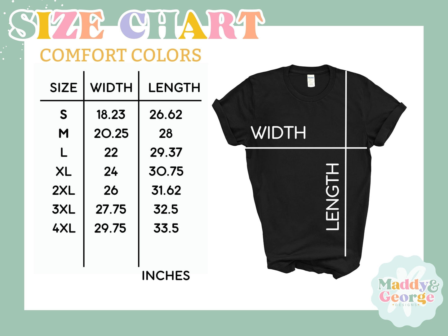 Preppy Merry Christmas Shirt size chart for Comfort Colors showing width and length measurements and black tee
