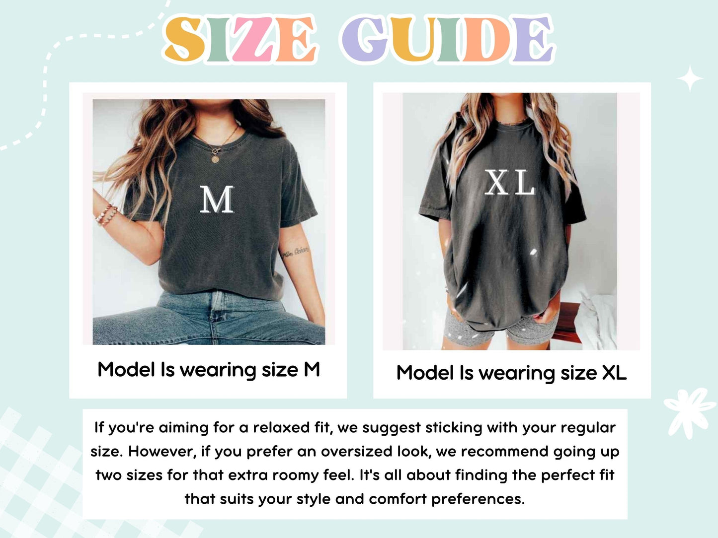 Preppy Merry Christmas Shirt size guide showing model wearing size M and another model wearing size XL in gray tees