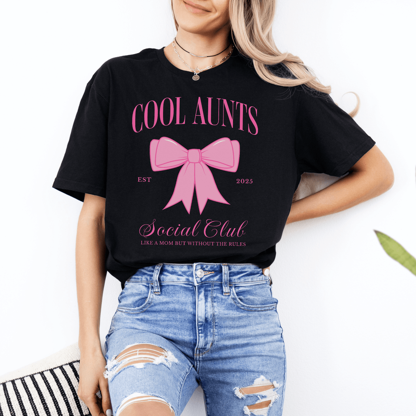 Custom Cool Aunts Social Club Shirt black tee with large pink bow graphic and cursive vintage text
