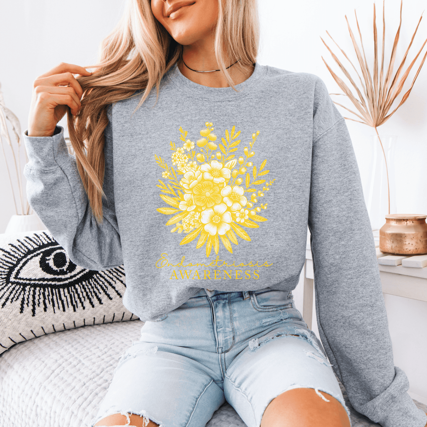 Floral Endometriosis Awareness Sweatshirt gray women pullover with yellow floral print by Maddy and George Designs
