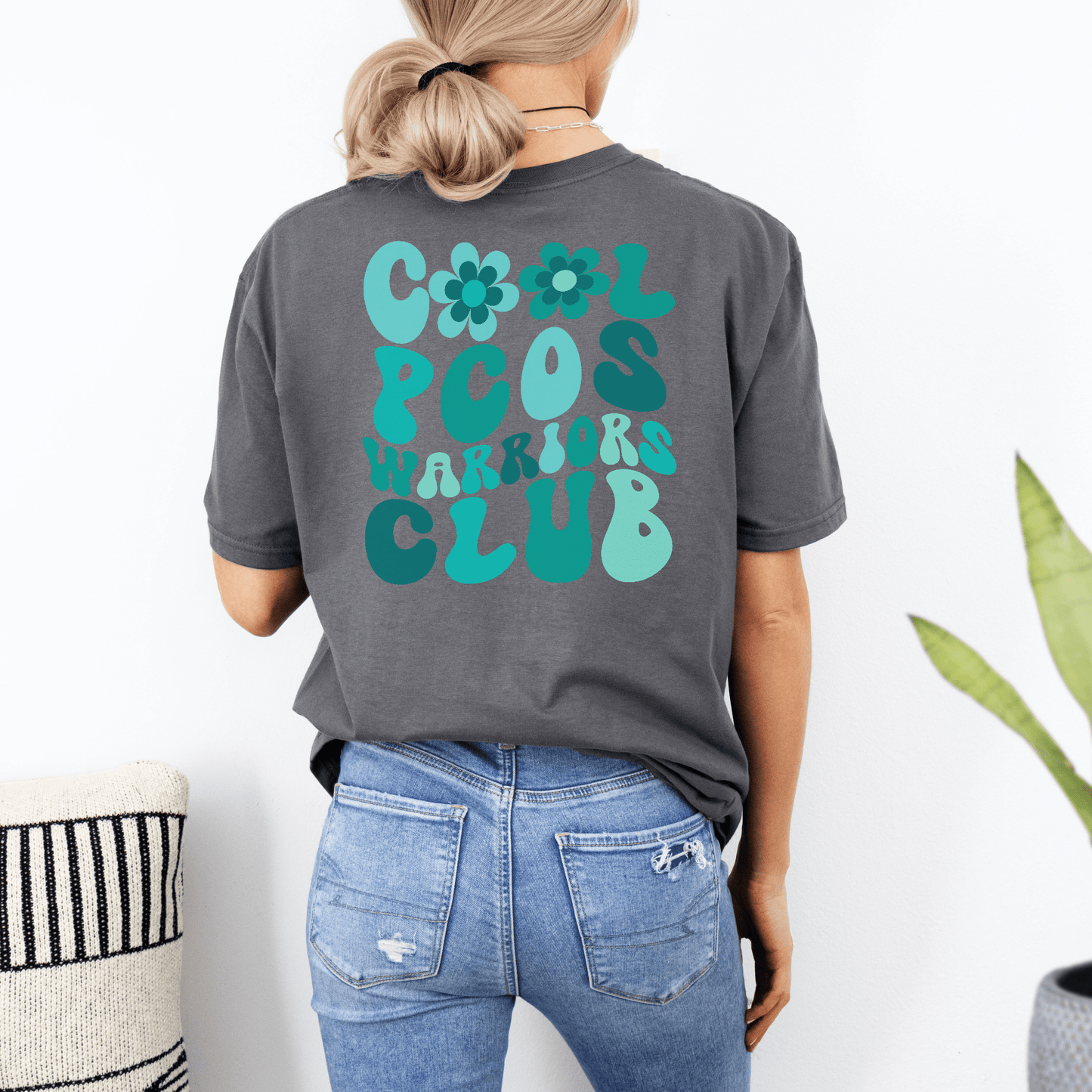 PCOS Awareness Shirt Maddy and George Designs gray tee with teal retro Cool PCOS Warriors Club back print