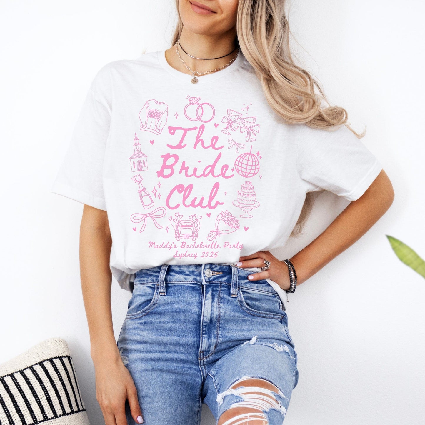 Custom Bachelorette Shirt white tee with pink The Bride Club graphics and personalized party text