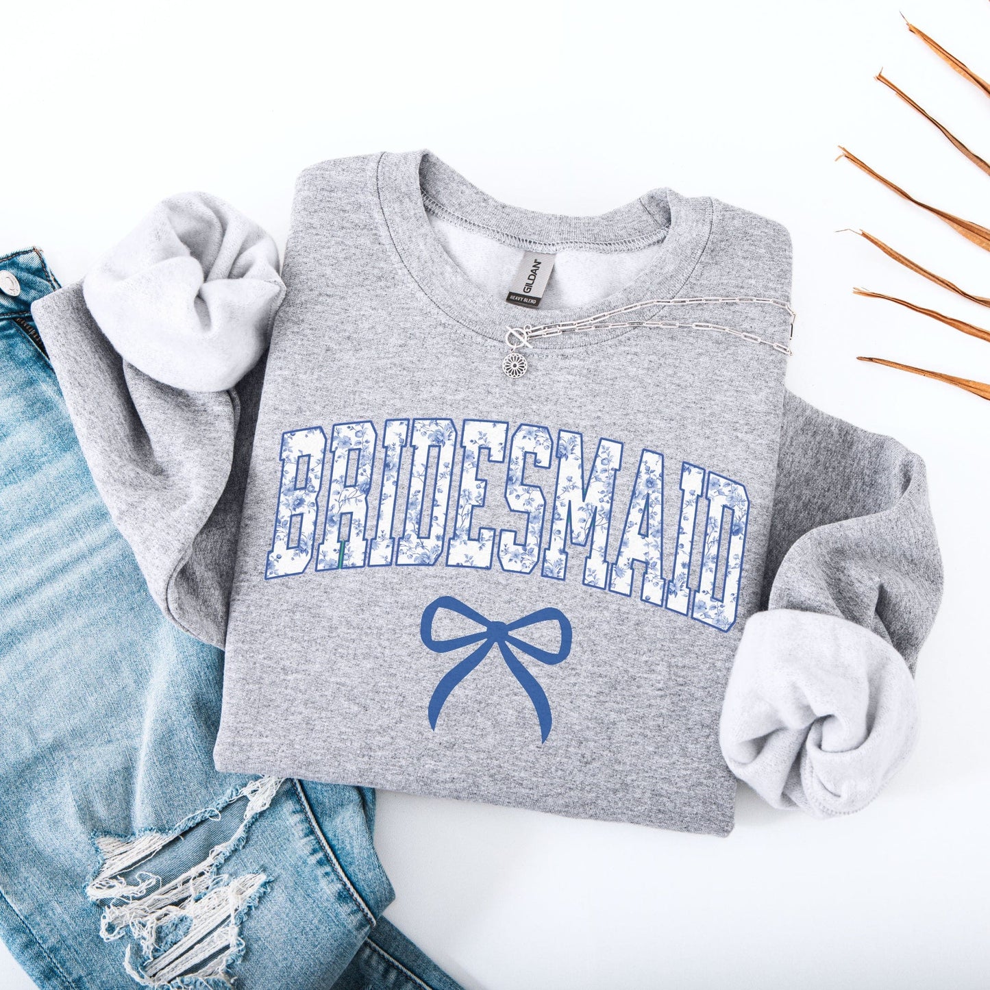 Chinoiserie Bridesmaid Sweatshirt gray crewneck with blue floral varsity style bridesmaid print and bow