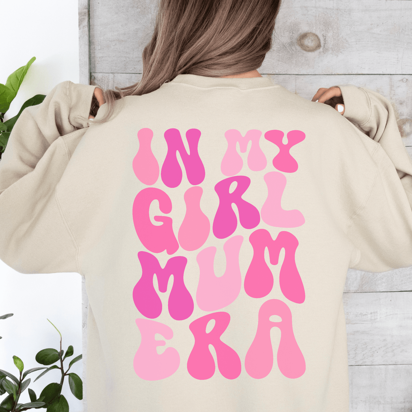 In My Girl Mum Era Sweatshirt cream oversized back print with retro pink groovy text by Maddy and George Designs