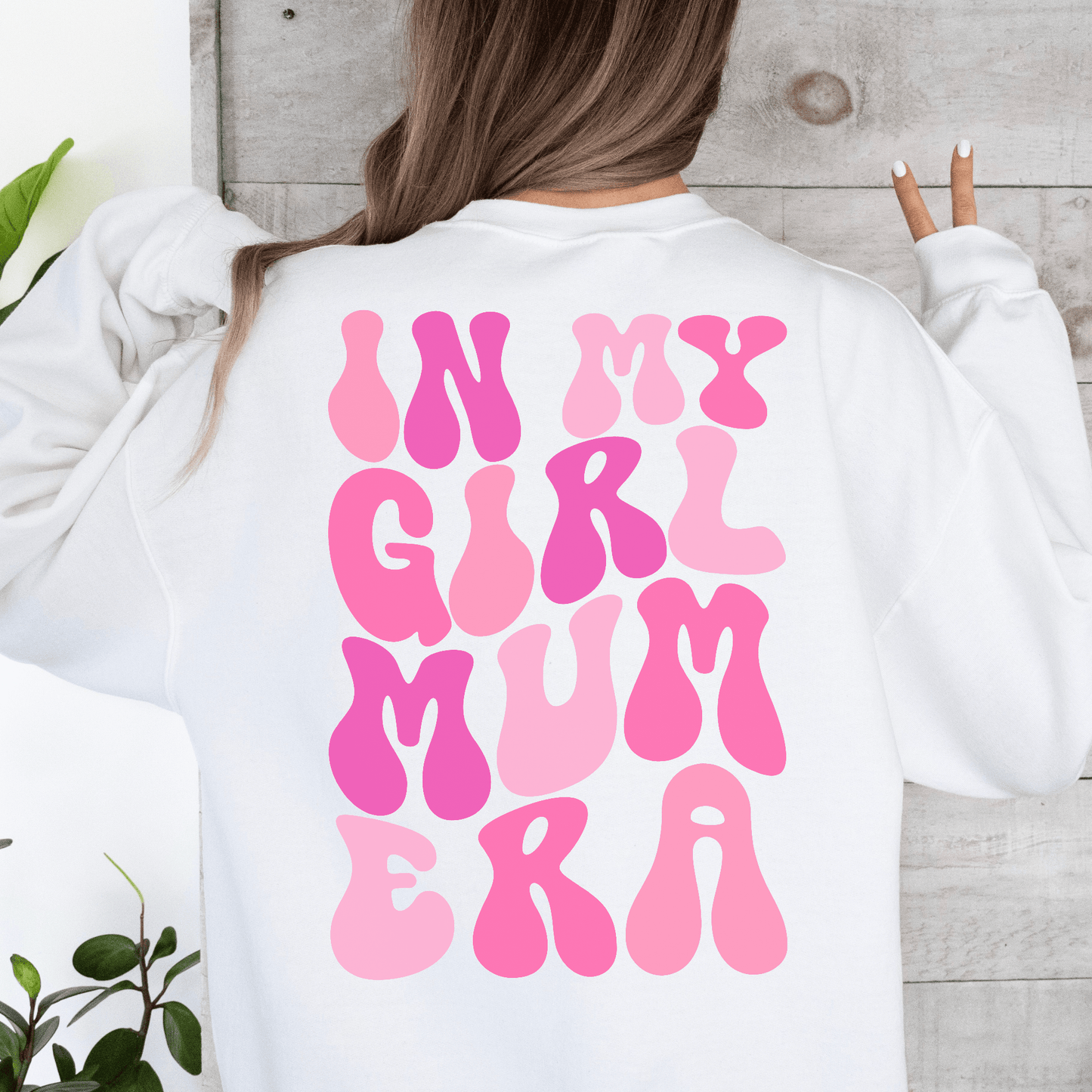 Maddy and George Designs white sweatshirt with pink retro bubble text on back In My Girl Mum Era Sweatshirt