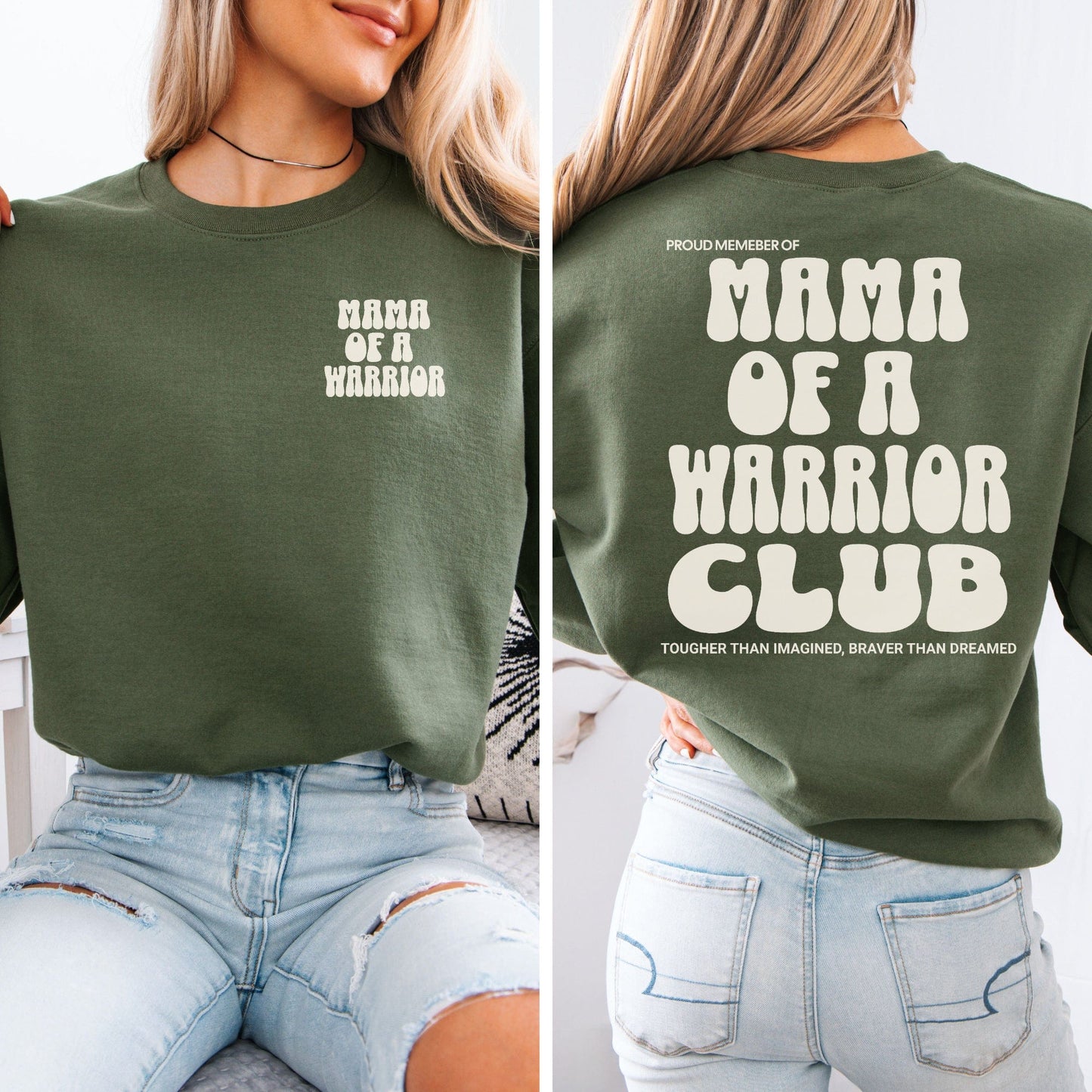 Mama of a Warrior Club Sweatshirt olive green crewneck with small front text and bold back graphic worn by model