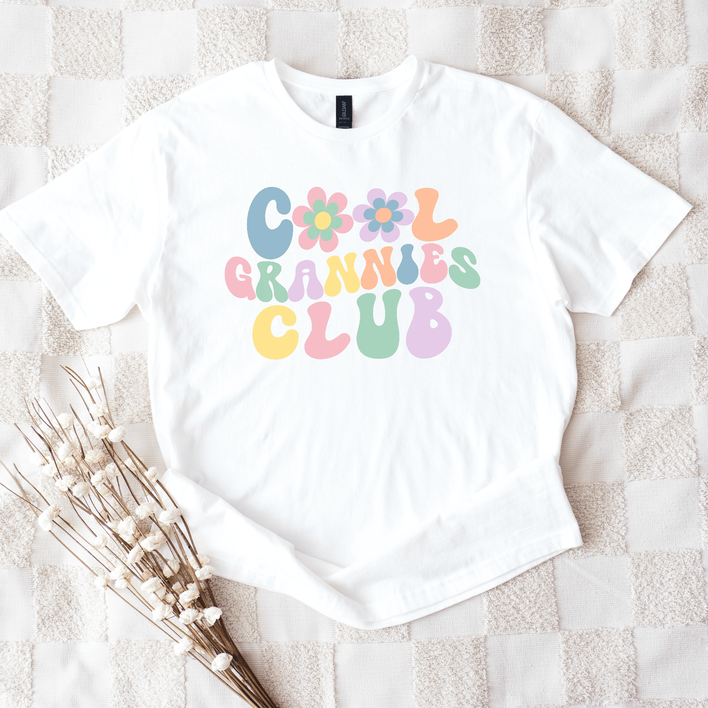 Cool Grannies Club Shirt white tee with pastel retro floral bubble letters by Maddy and George Designs