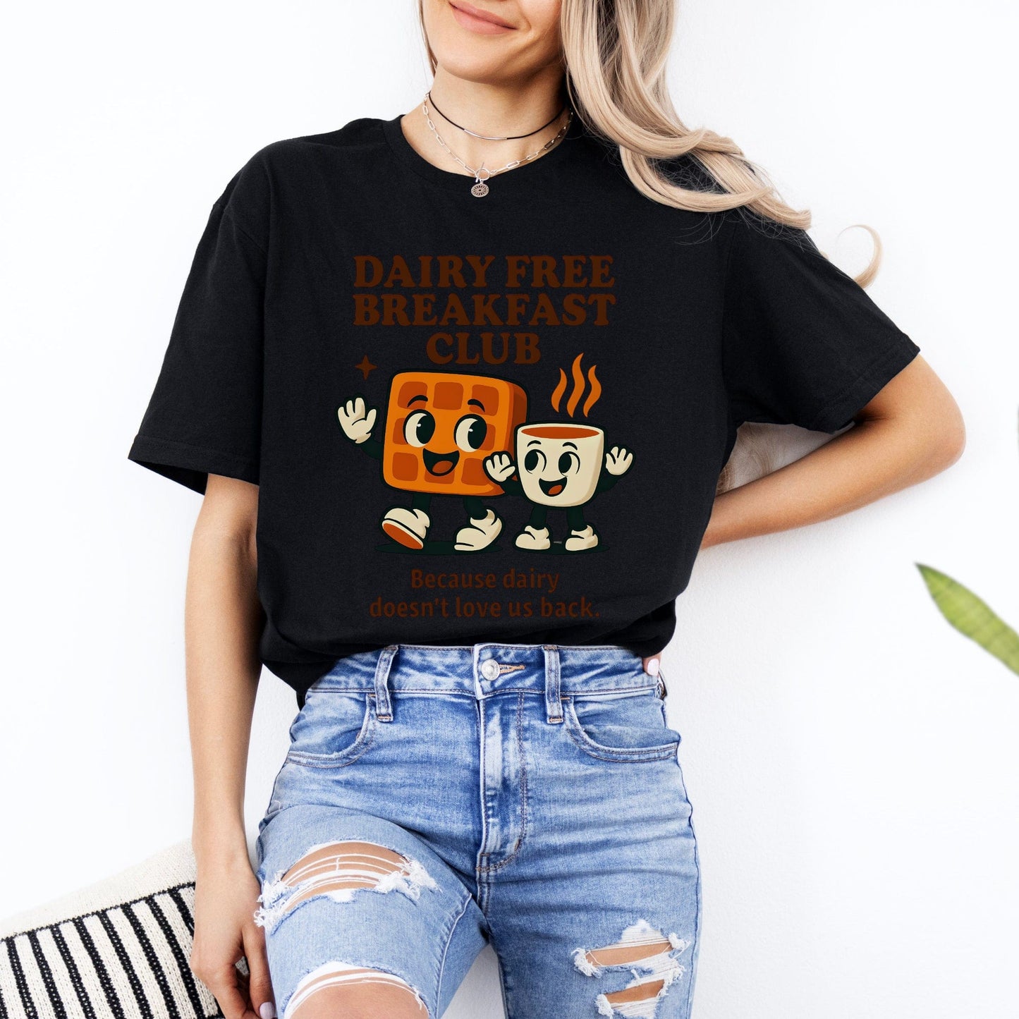 Dairy Allergy Shirt . Black tee by Maddy and George Designs showing Dairy Free Breakfast Club waffle and coffee