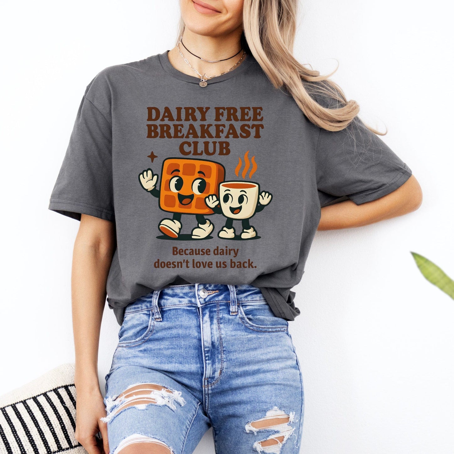 Dairy Allergy Shirt Maddy and George Designs gray unisex tee with Dairy Free Breakfast Club toast and coffee graphic
