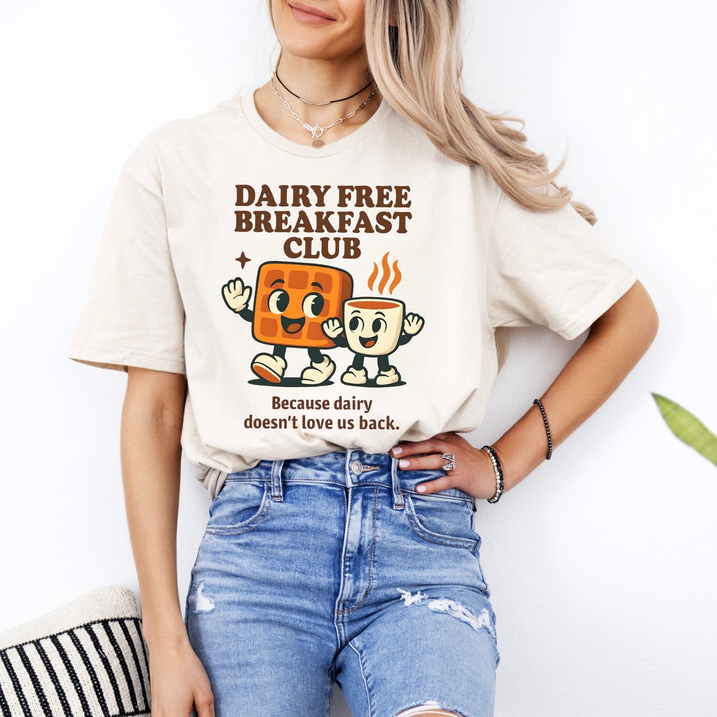 Dairy Allergy Shirt cream tee showing Dairy Free Breakfast Club cartoon toast and coffee print