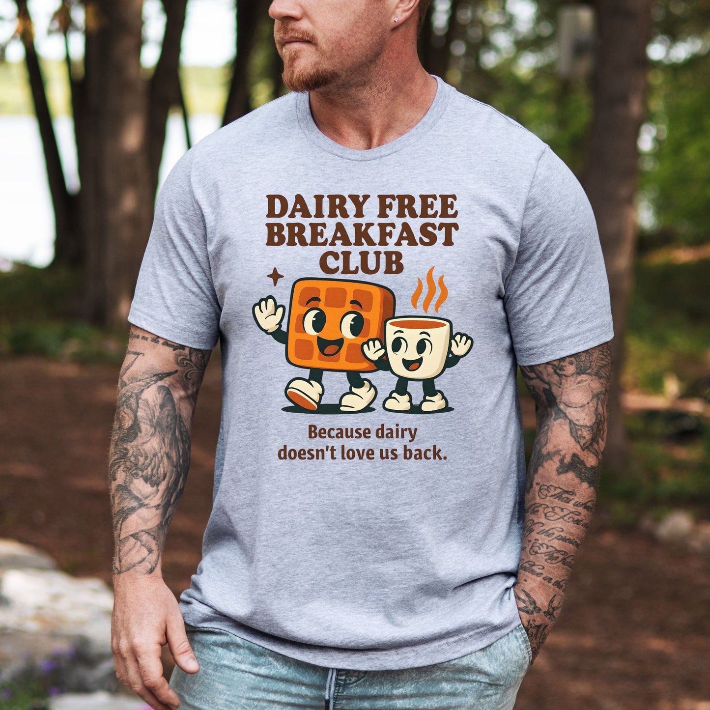 Maddy and George Designs Dairy Allergy Shirt . Heather gray tee with Dairy Free Breakfast Club cartoon toast and coffee slogan