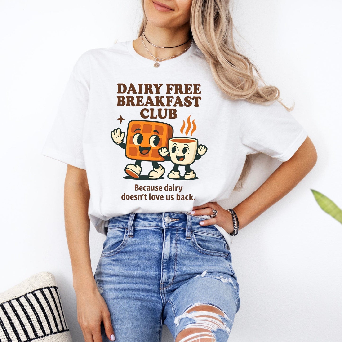 Dairy Allergy Shirt Maddy and George Designs white tee with Dairy Free Breakfast Club toast and coffee graphic