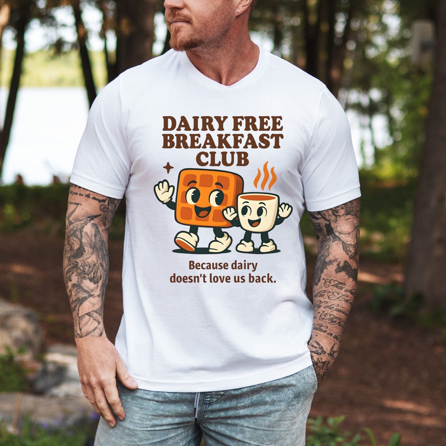 Man wearing white Dairy Allergy Shirt with Dairy Free Breakfast Club waffle and coffee cartoon and slogan