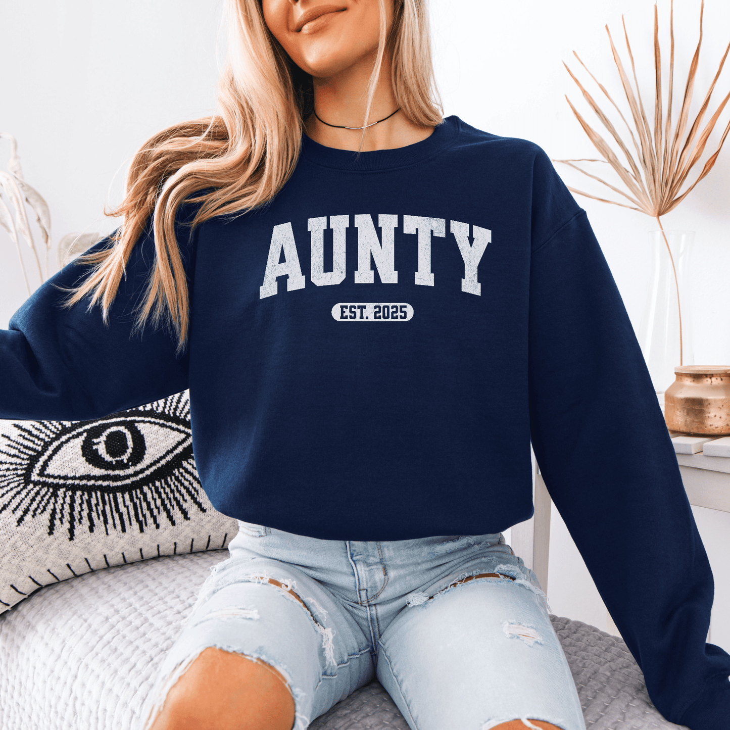 Maddy and George Designs custom aunty sweatshirt navy crewneck with AUNTY Est 2025 print worn by woman