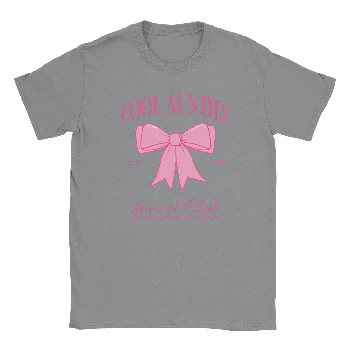 Custom Cool Aunties Club Shirt gray tee with large pink bow and Cool Aunties Social Club text design