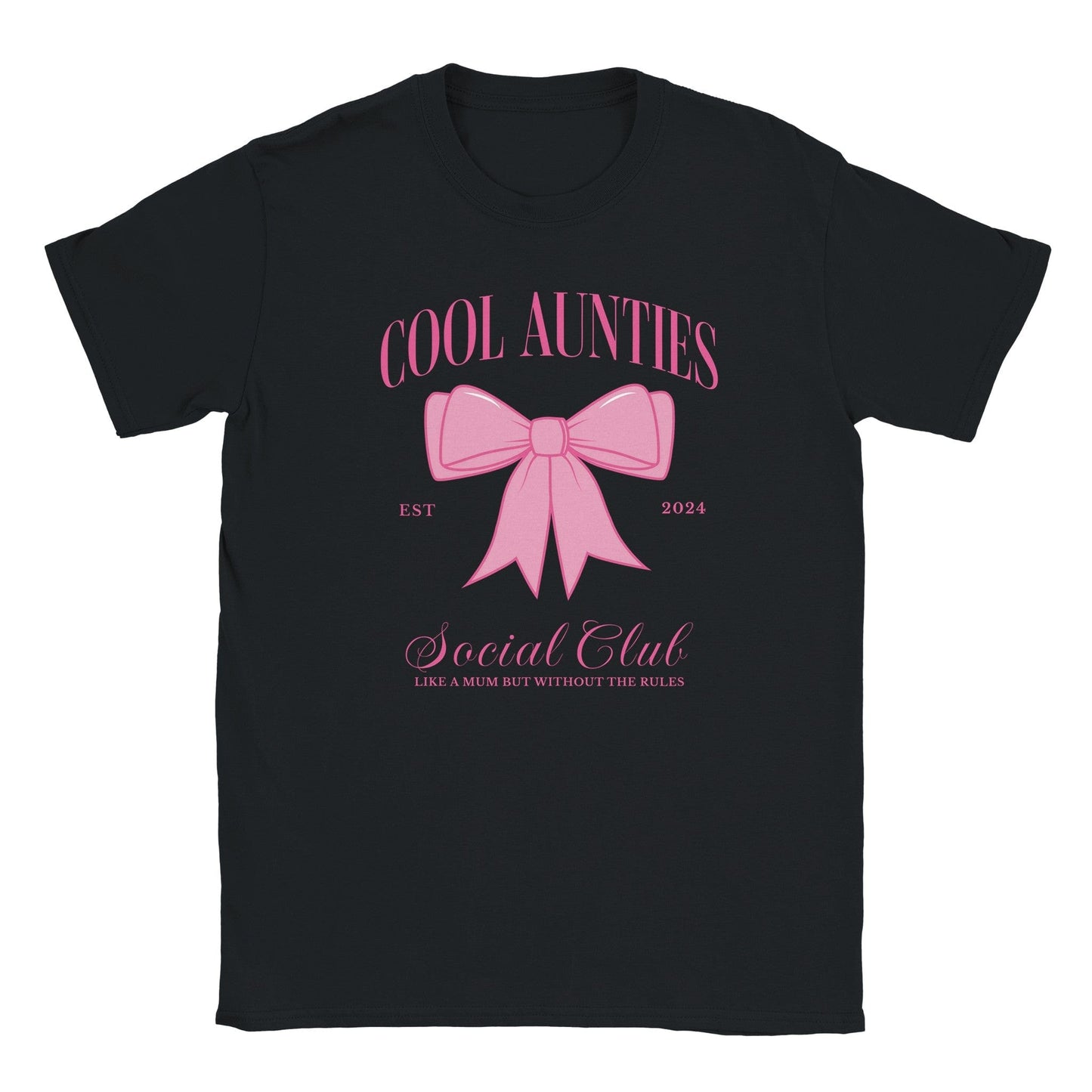 Custom Cool Aunties Club Shirt black tee with pink bow and vintage script by Maddy and George Designs
