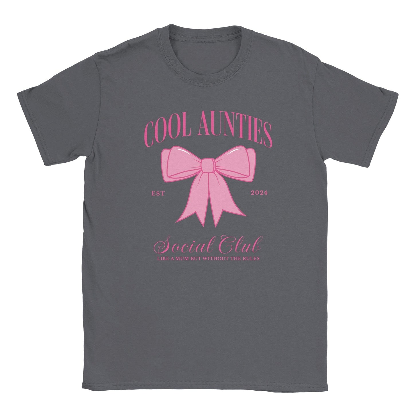 Custom Cool Aunties Club Shirt by Maddy and George Designs gray tee with pink bow graphic and Social Club text