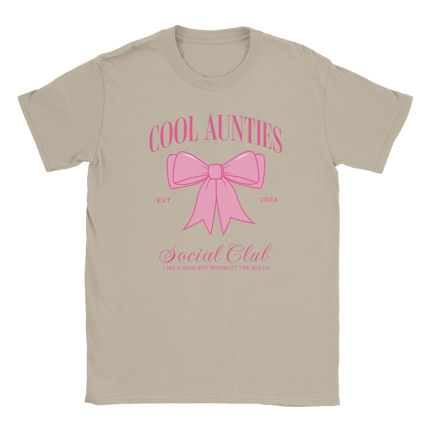 Custom Cool Aunties Club Shirt beige tee by Maddy and George Designs with pink bow and script text