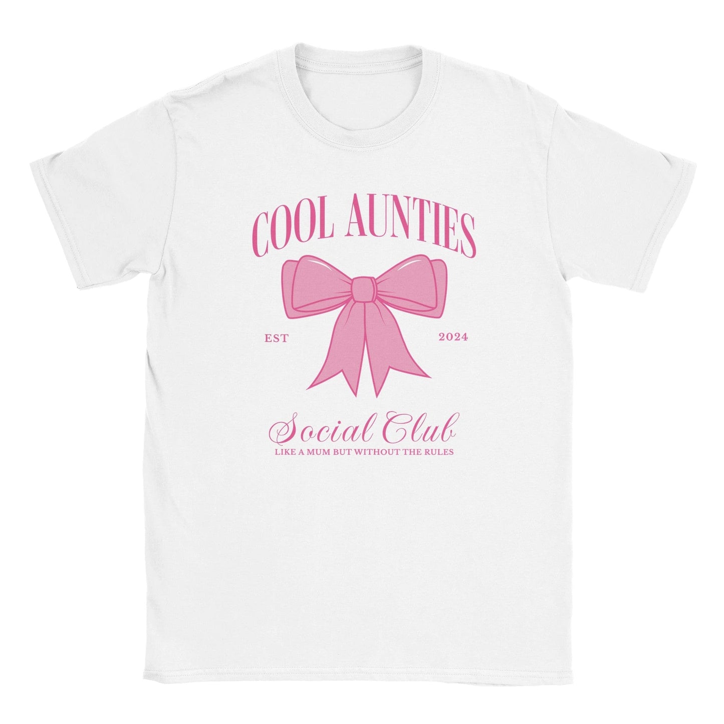 Custom Cool Aunties Club Shirt white tee with pink bow graphic and Social Club script design by Maddy and George Designs
