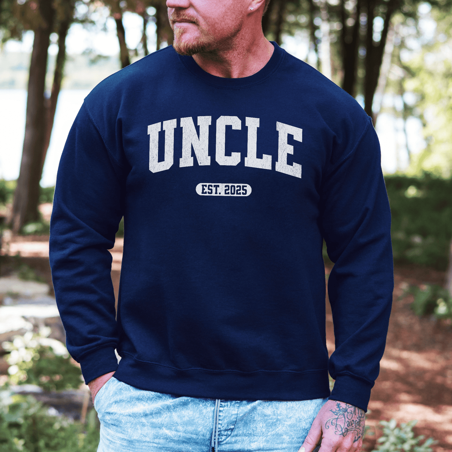 Maddy and George Designs Custom Uncle EST. Year Sweatshirt navy crewneck with UNCLE arch and EST 2025 print