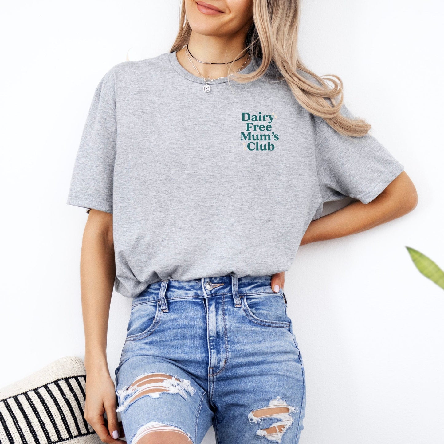 CMPA Awareness Tee . Maddy and George Designs grey womens tee with small Dairy Free Mums Club chest print