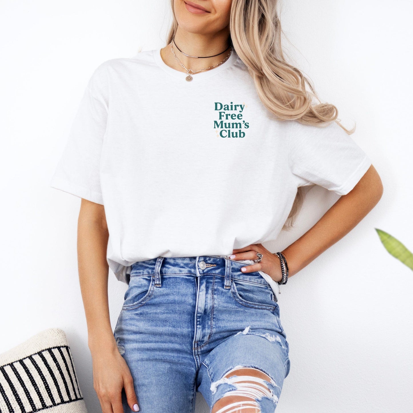 CMPA Awareness Tee Maddy and George Designs white tee worn by woman with Dairy Free Mums Club chest print