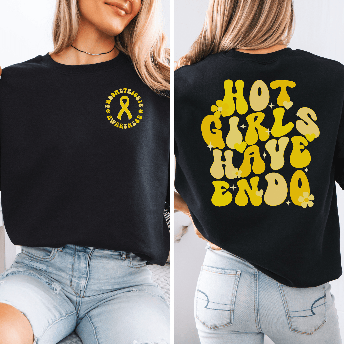 Black cotton sweatshirt with yellow endometriosis awareness ribbon front and retro bubble back print Hot Girls Have Endo Sweatshirt