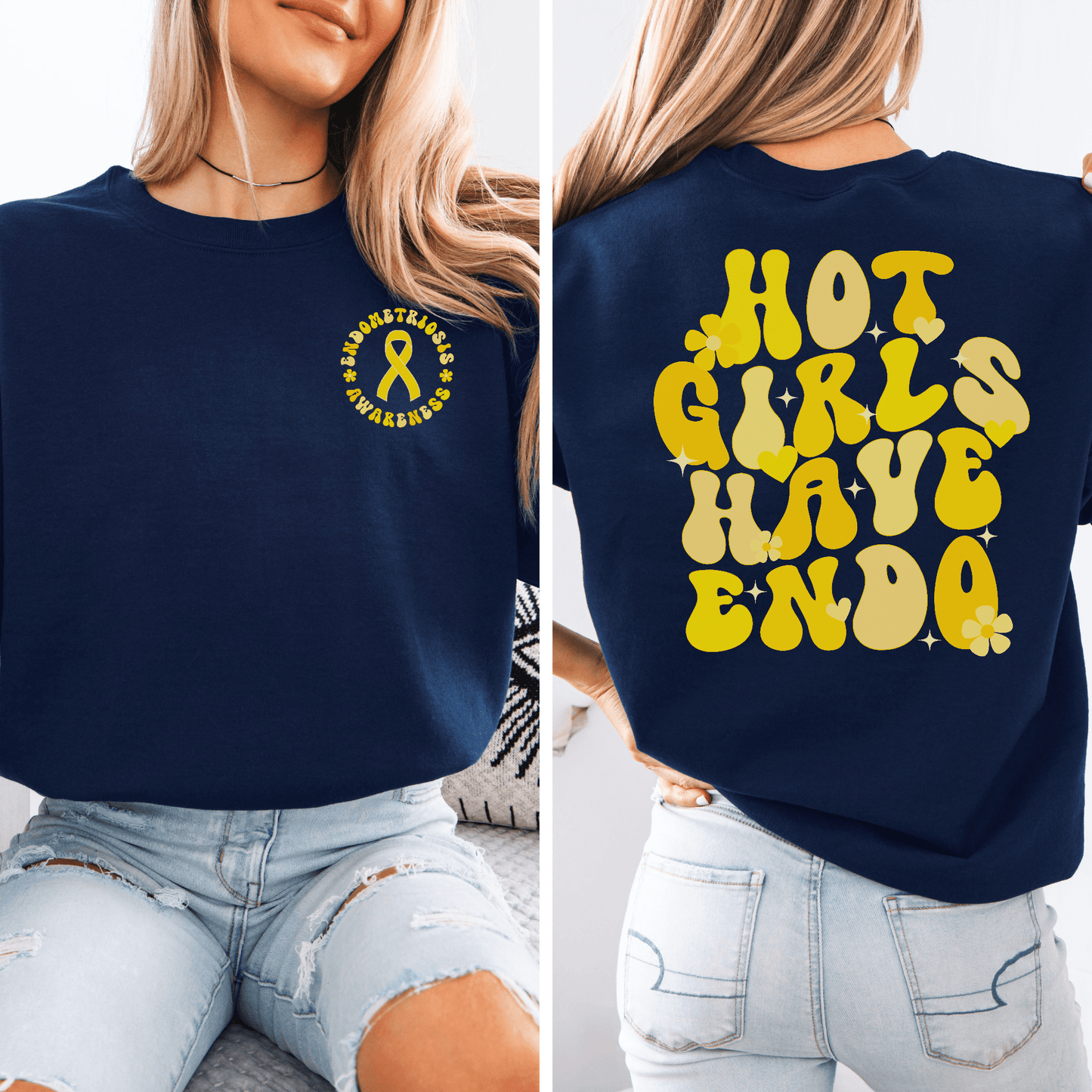 Hot Girls Have Endo Sweatshirt navy crewneck with small yellow endometriosis ribbon on front and bold retro back print on model