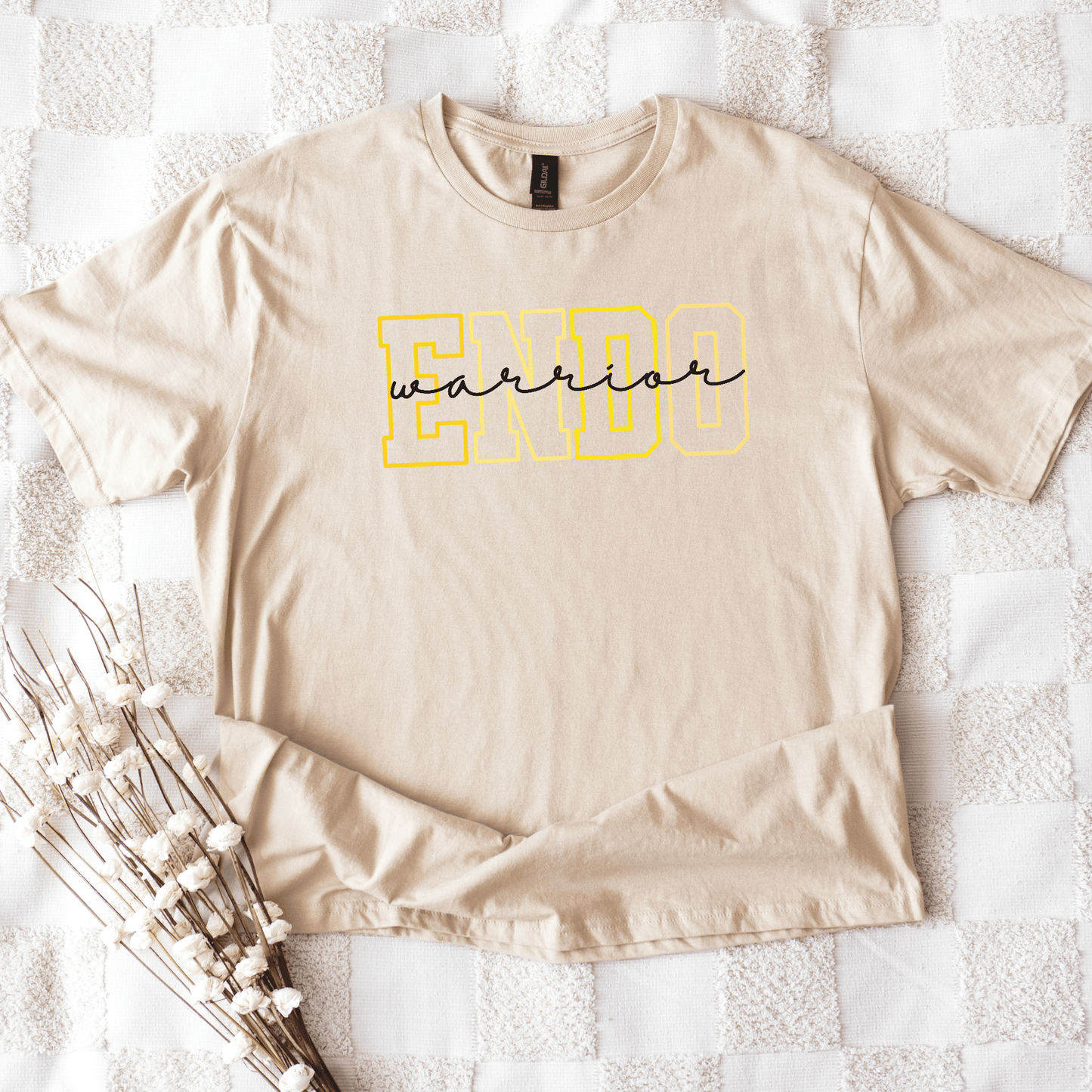 Endometriosis Awareness Shirt | Gift For Endo Warrior beige tee with yellow ENDO outline and cursive warrior