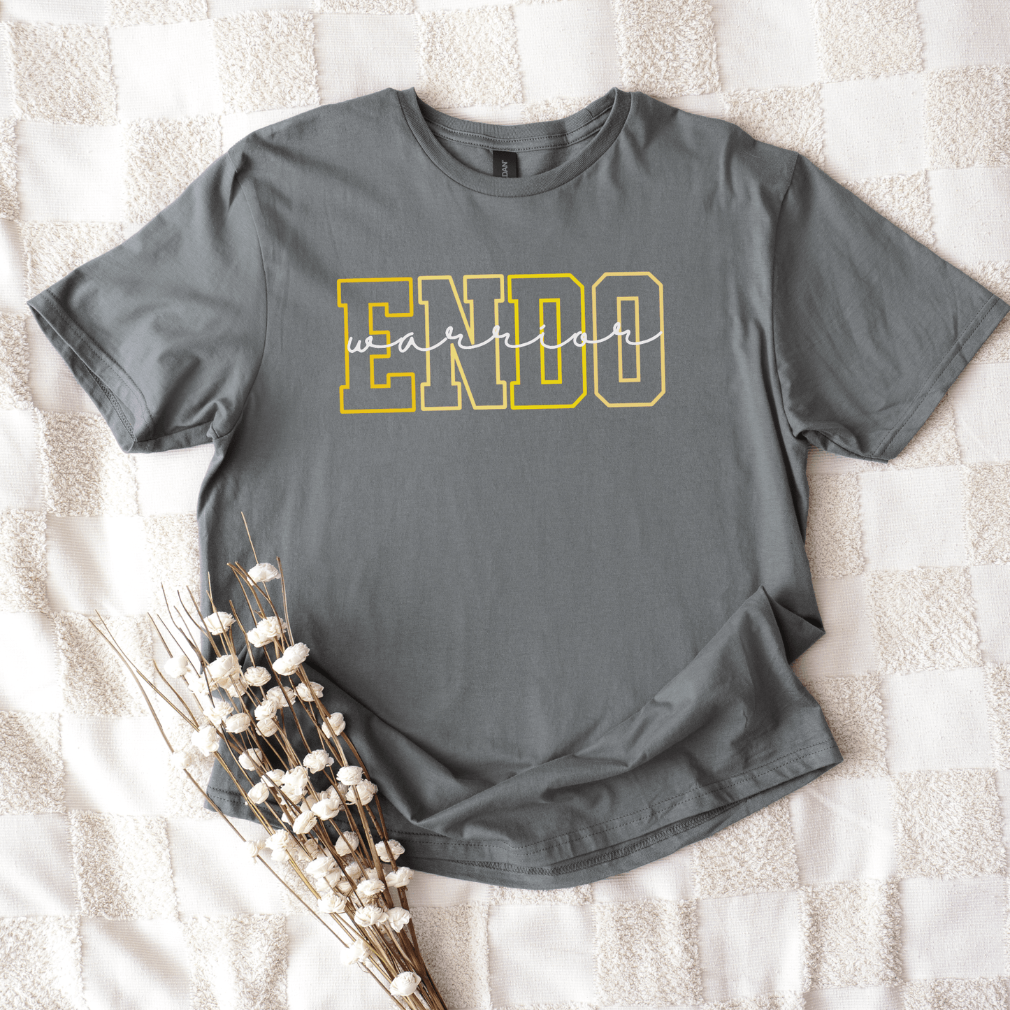 Endometriosis Awareness Shirt | Gift For Endo Warrior gray cotton tee with bold ENDO varsity design