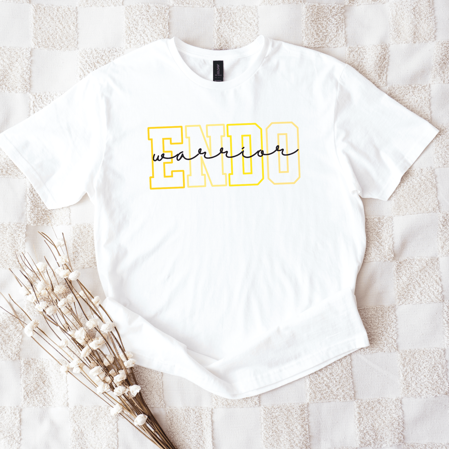 White t shirt with yellow outlined ENDO and black warrior script on front Endometriosis Awareness Shirt | Gift For Endo Warrior