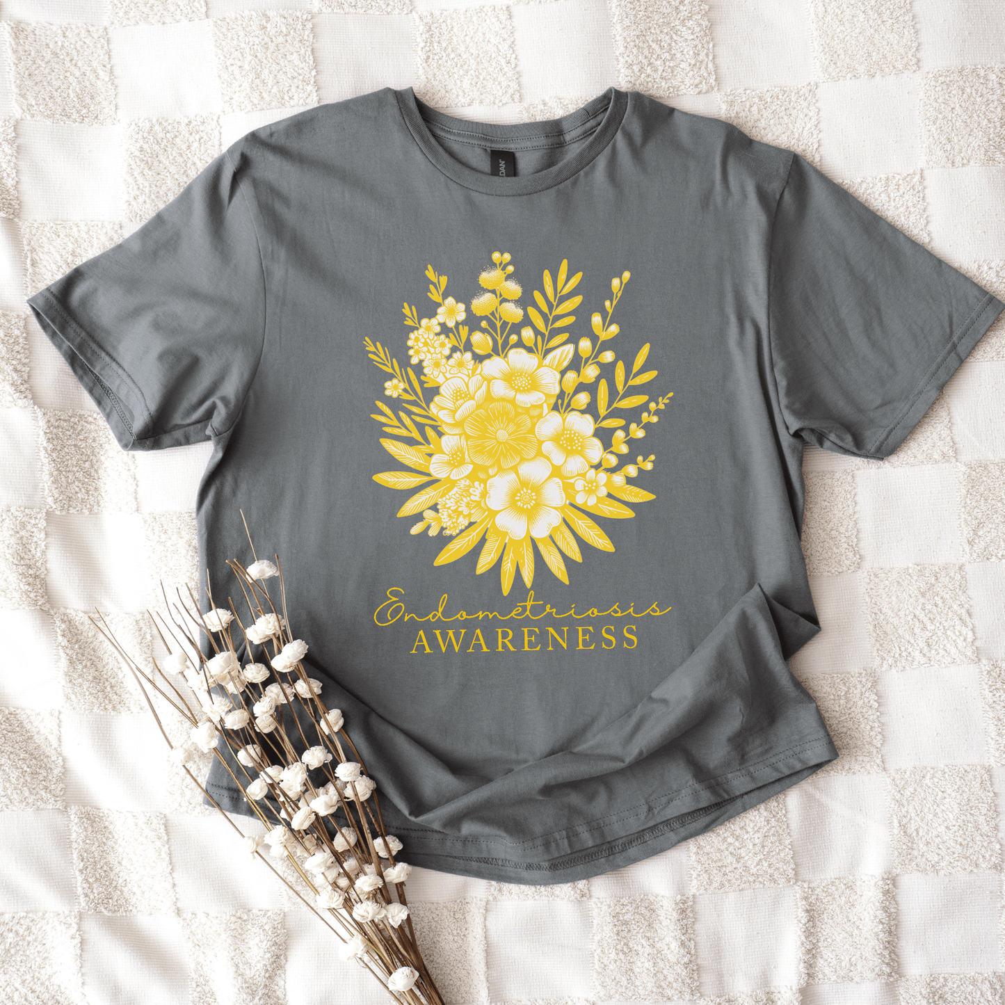 Maddy and George Designs gray tee with yellow floral bouquet, Floral Endometriosis Awareness Shirt | Gift For Endo Warrior.