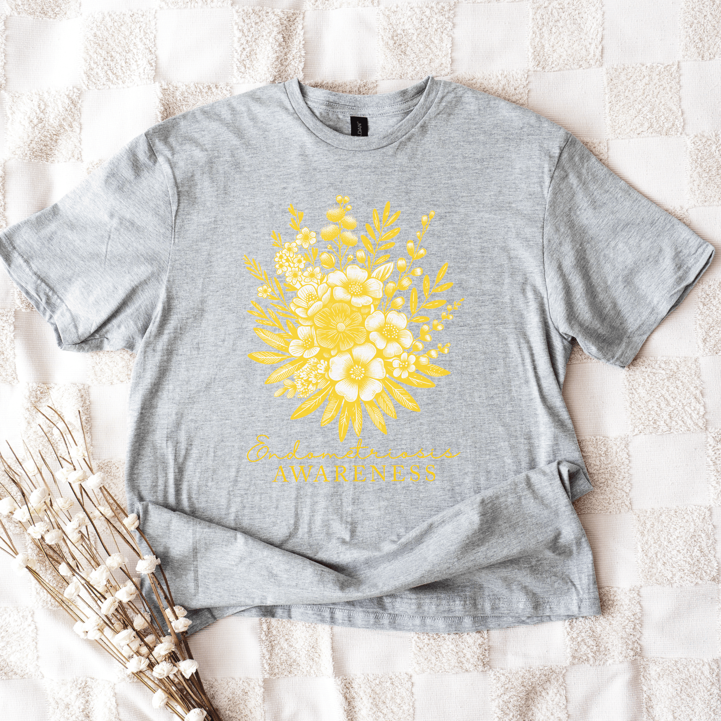 Gray tee with yellow floral print and script text Floral Endometriosis Awareness Shirt | Gift For Endo Warrior.