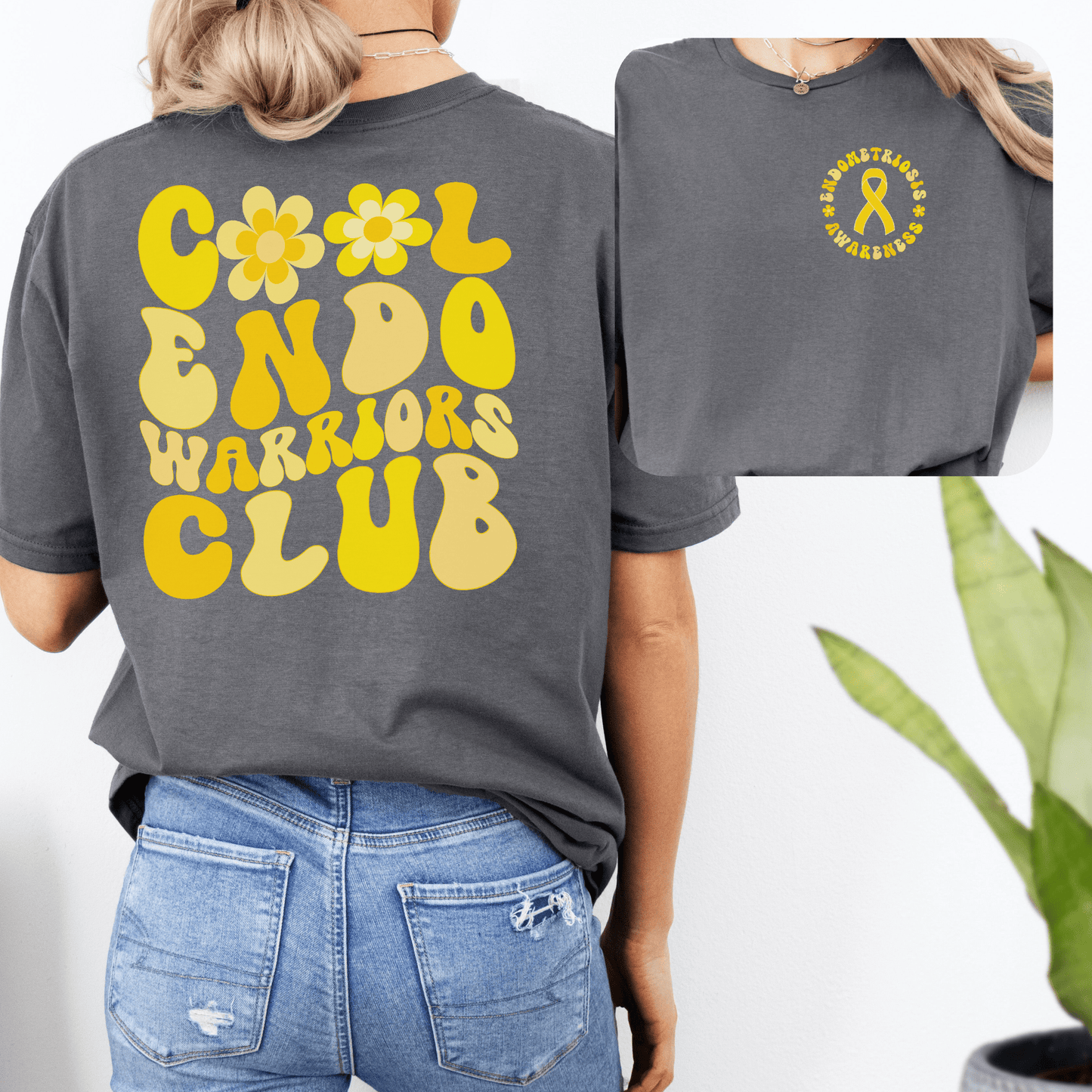 Endometriosis Awareness Shirt dark gray tee with yellow retro Cool Endo Warriors Club back print and small front yellow ribbon