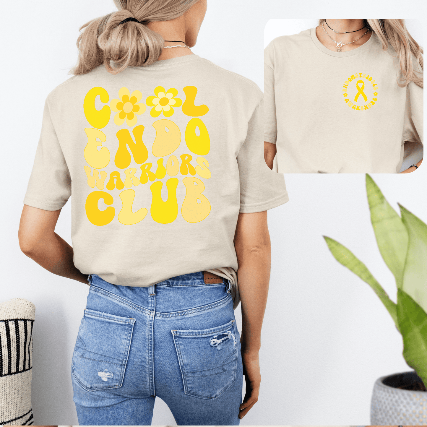 Endometriosis Awareness Shirt beige tee with yellow retro Cool Endo Warriors Club back print