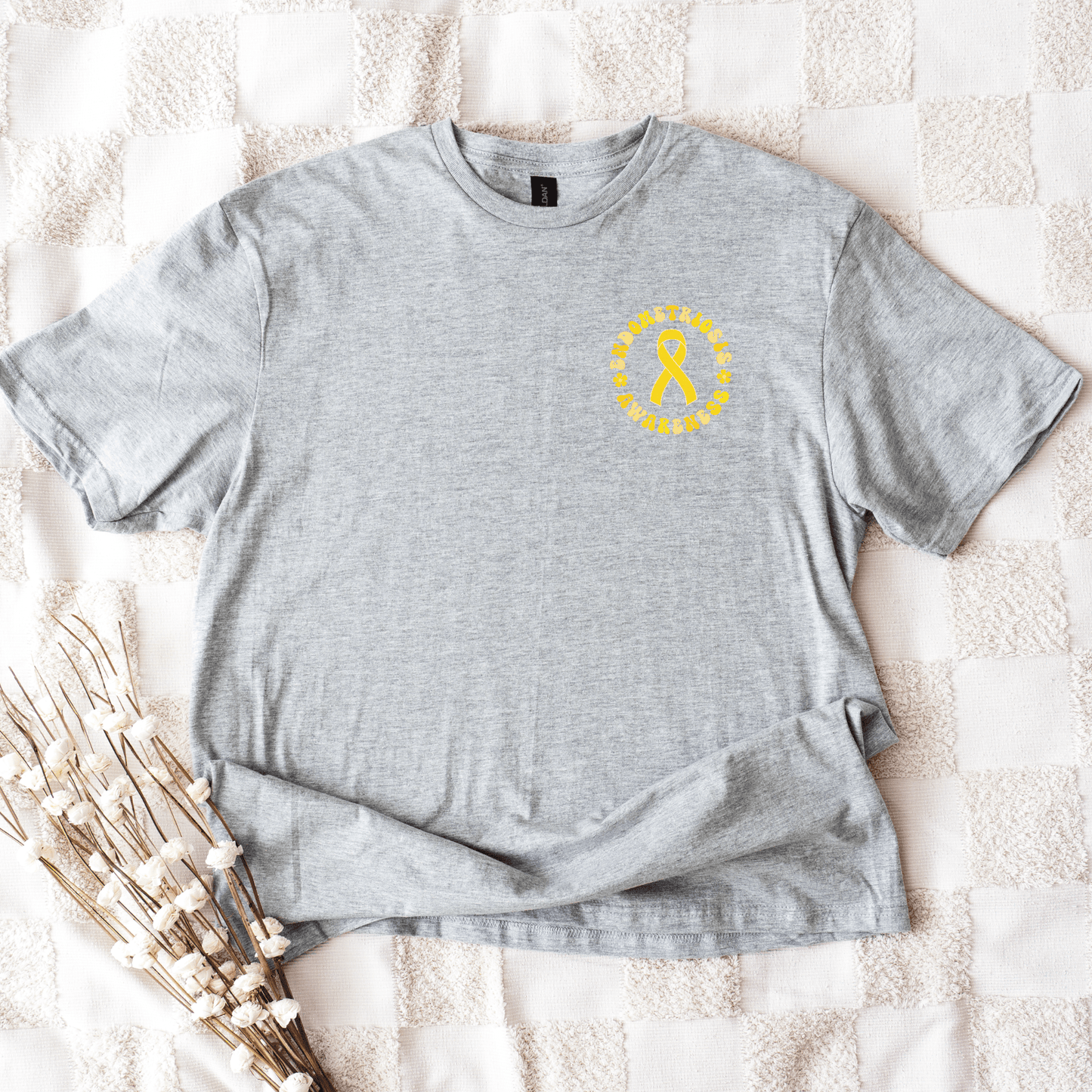 Gray unisex t shirt with yellow awareness ribbon chest print on blanket Endometriosis Awareness Shirt