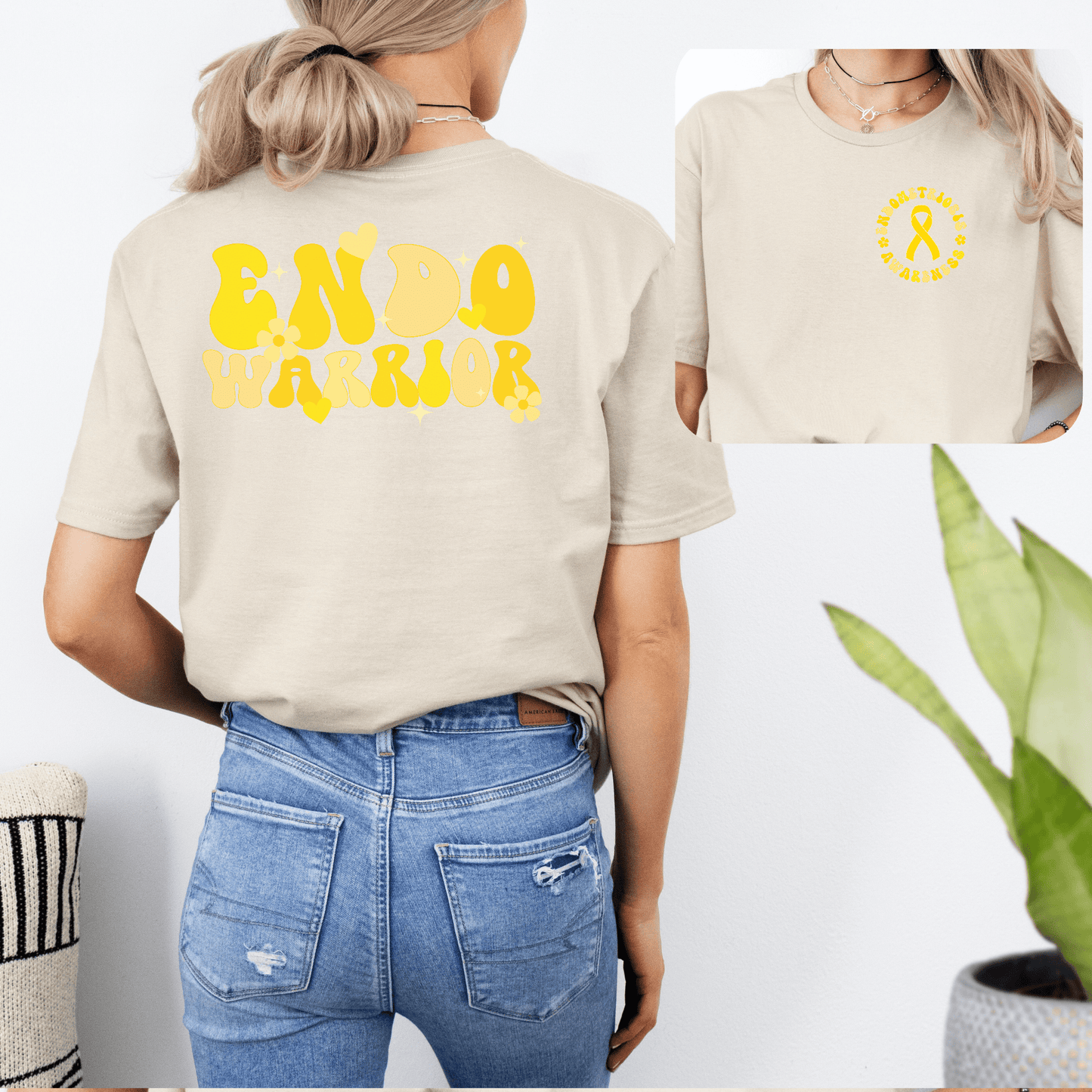 Endo Warrior Shirt | Endometriosis Awareness Gift beige tee with yellow Endo Warrior back print and ribbon chest logo