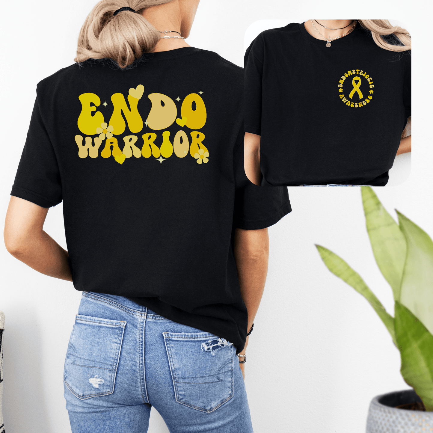 Maddy and George Designs black tee with yellow retro back print and front ribbon Endo Warrior Shirt | Endometriosis Awareness Gift